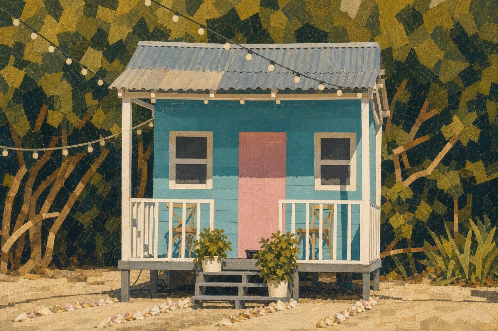 Painting of a teal Caymanian beach cottage with a pink door, string lights, and potted plants on the porch steps.