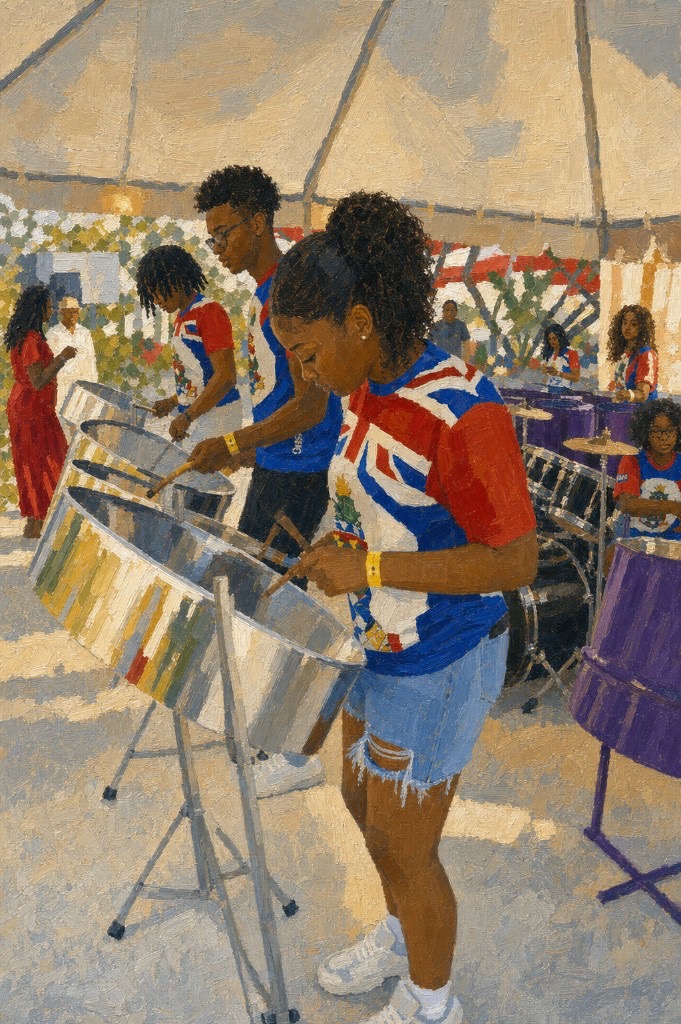 Painting of young Caymanian musicians playing steel pans in a bright festival tent.