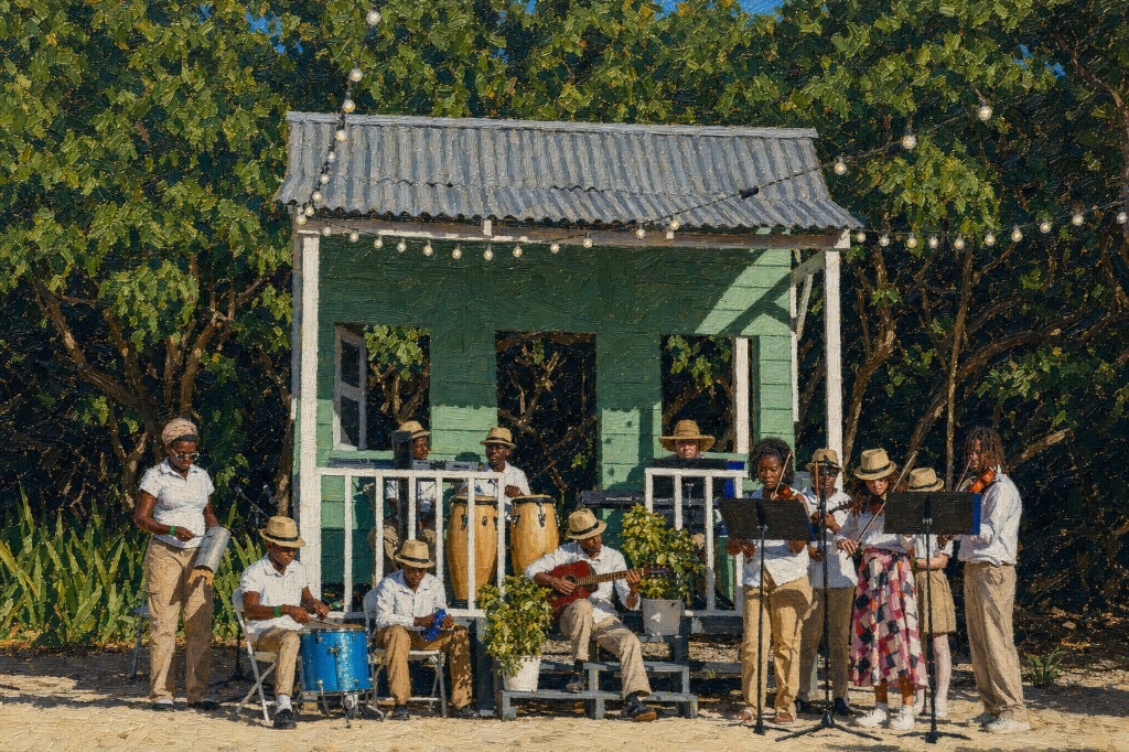 Painting of a Caymanian band performing outside a traditional green cottage with string lights, featuring steel pan, congas, guitar, and violins.