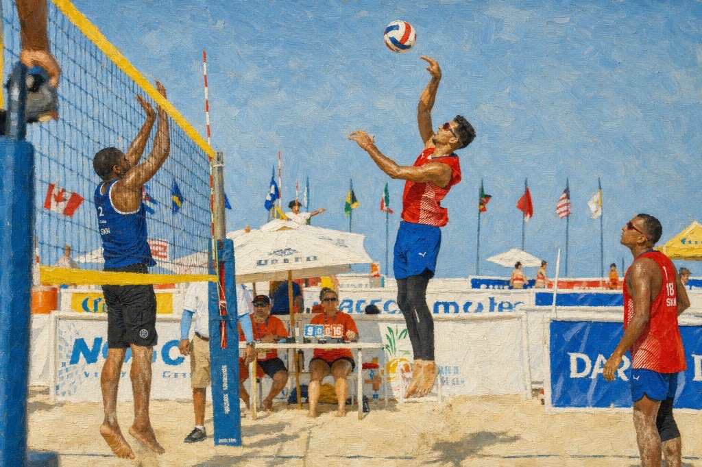 Painting of a beach volleyball match with players leaping at the net beneath national flags and a bright blue sky.