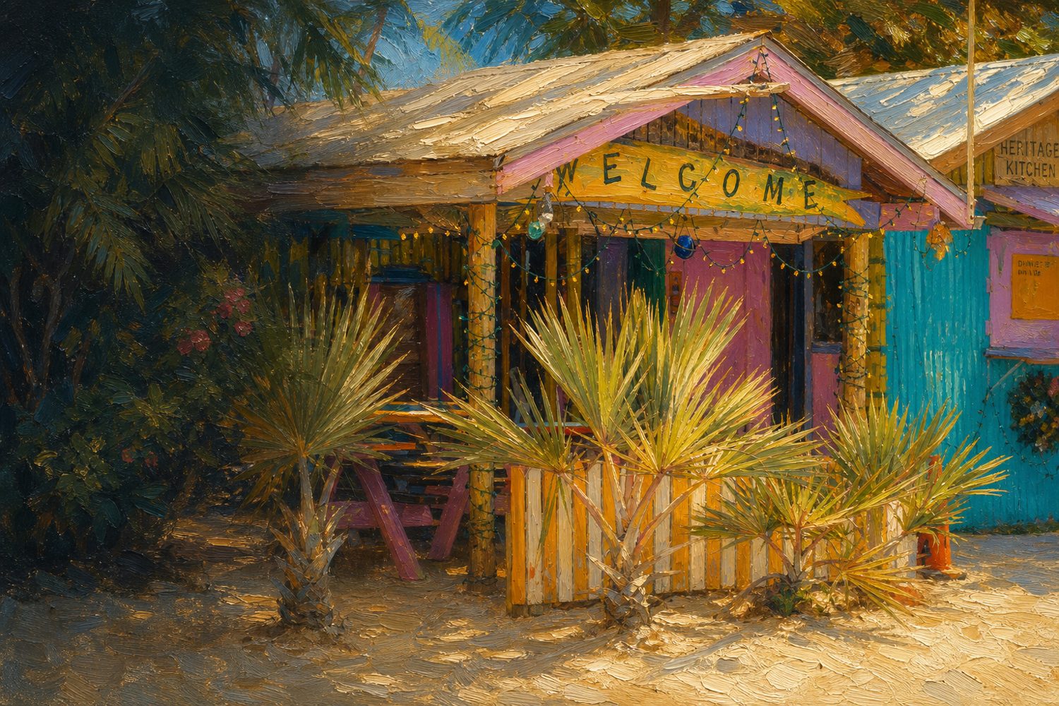 Painterly oil scene of a colourful Caymanian heritage-kitchen beach shack.