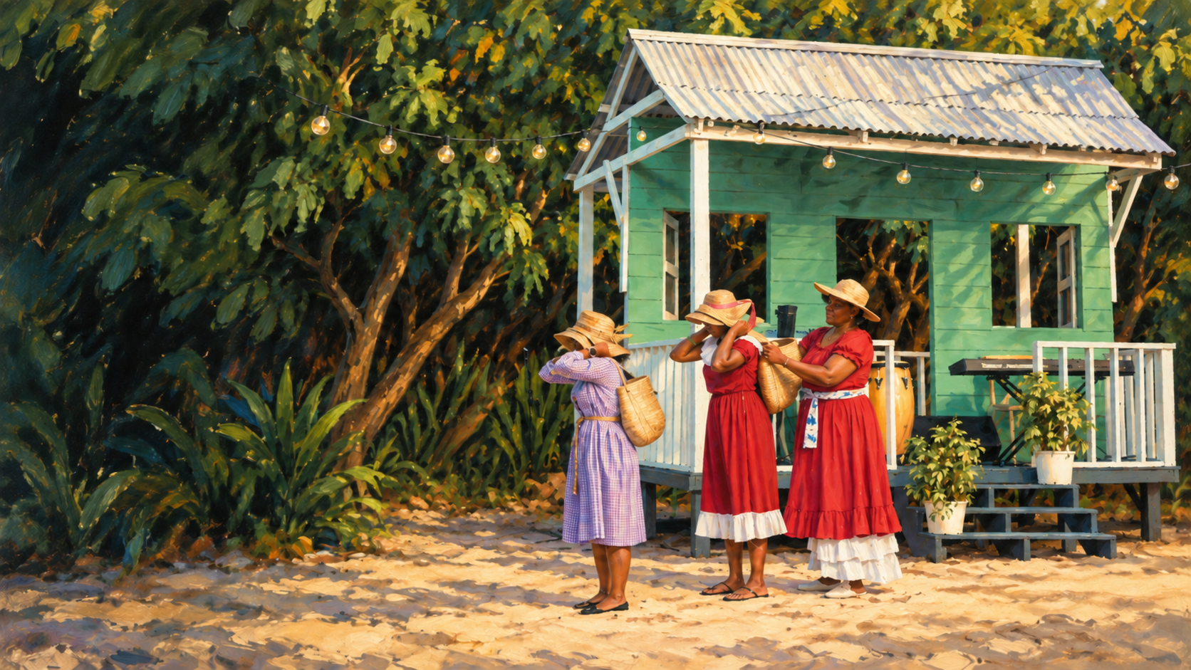 Brush-painted scene of three people in traditional dresses and straw hats beside a green Caymanian cottage.